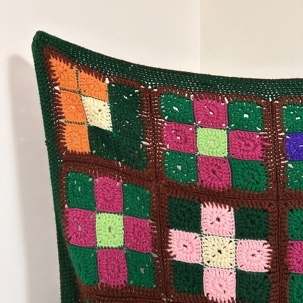 VTG 70s Granny‎ Square Crochet Blanket Throw Cottagecore Boho Handmade 42x42